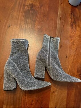Marc Fisher Silver Glitter Block Heel Ankle Boots